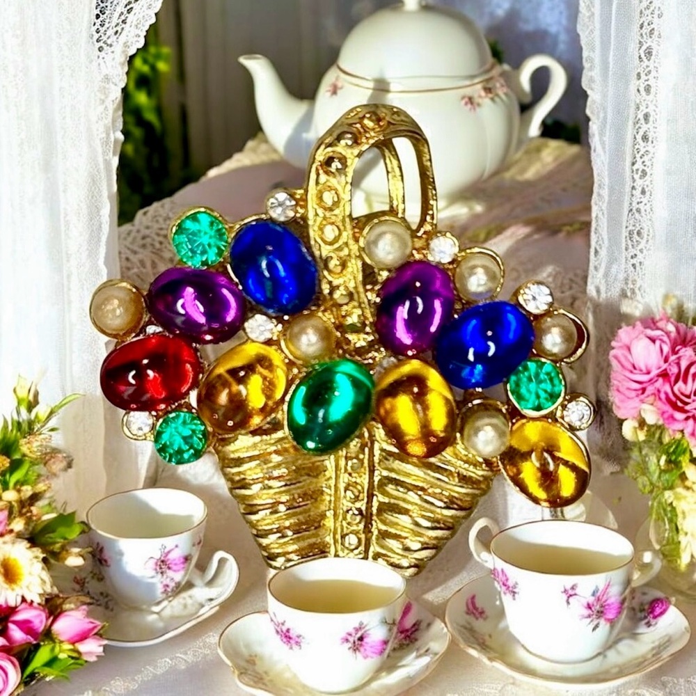 Vintage Easter Basket Colorful Gold tone Rhinestone, Seed Pearls & Enamel 2”